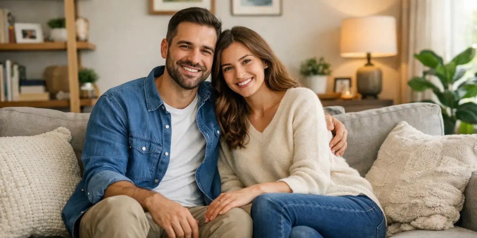 Pareja feliz sentada en la sala de su casa