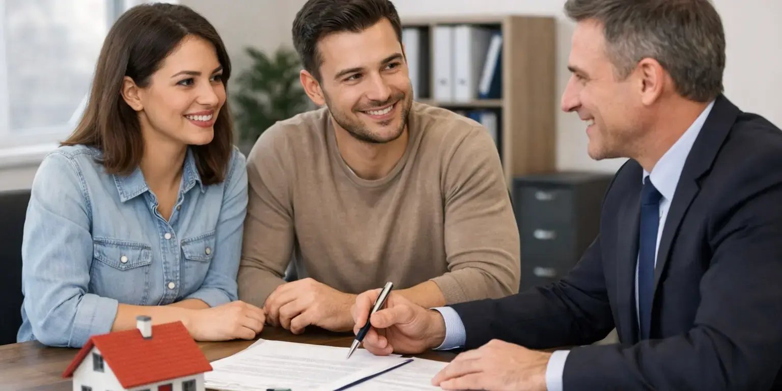 Pareja hablanco con un asesor hipotecario para conocer opciones para comprar casa sin infonavit