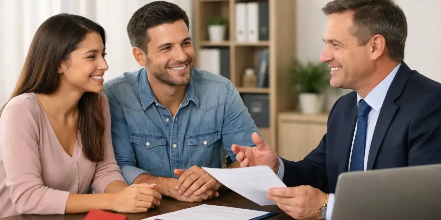 Pareja hablando con un asesor hipotecario para evitar errores al elegir su credito