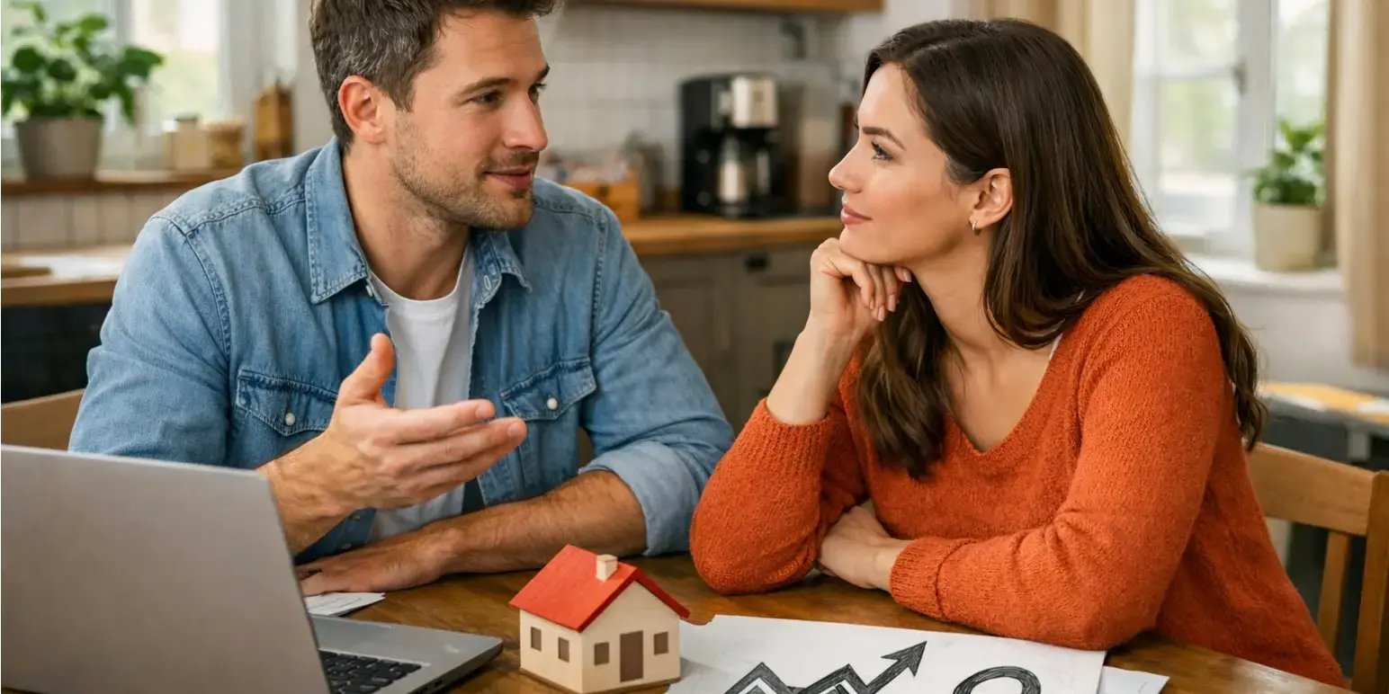 Pareja hablando de si ya es momento de comprar casa