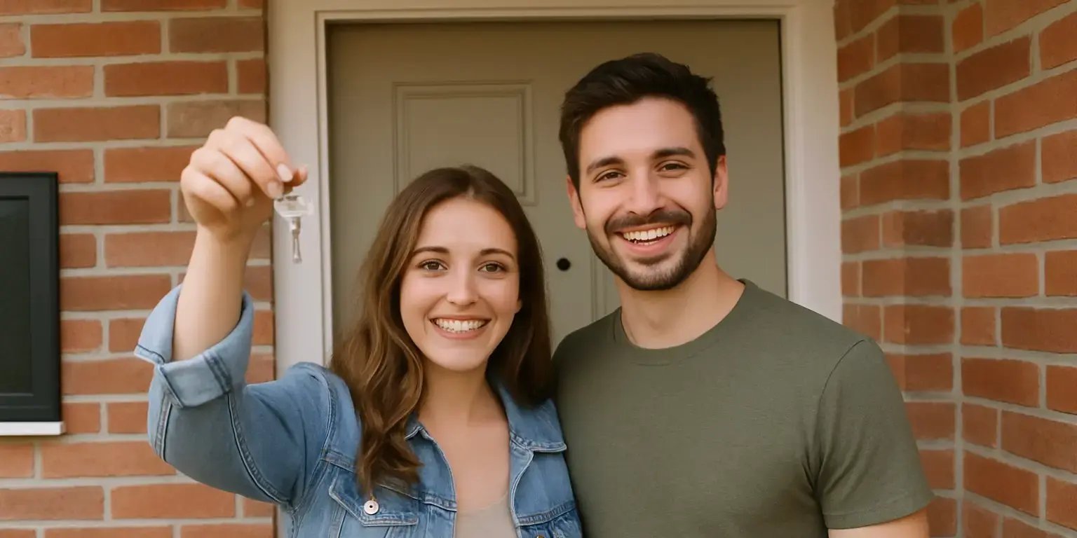 Pareja joven parados a fuera de la puerta de su nueva casa y estn sosteniendo unas llaves