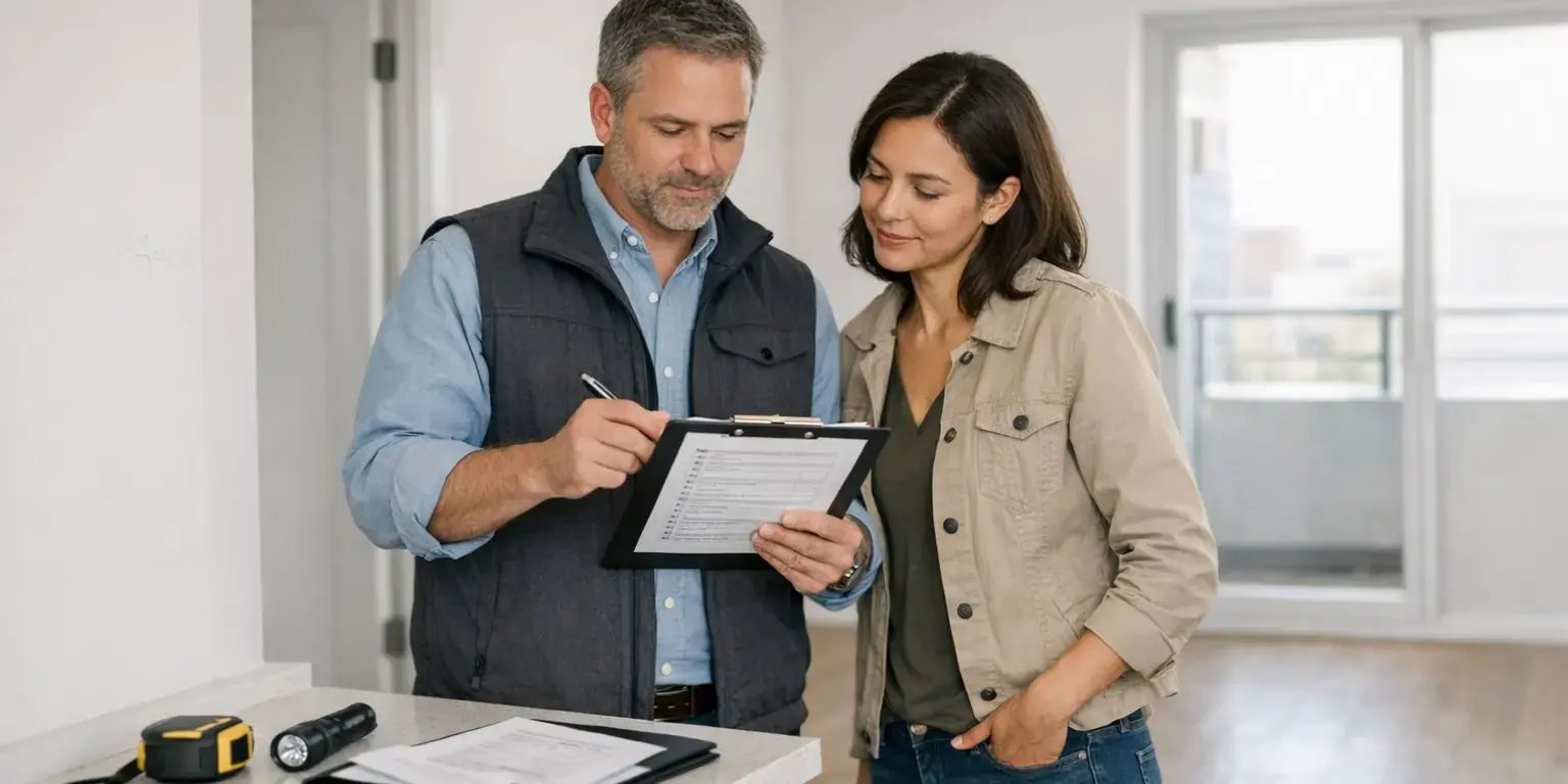 Pareja joven revisa planos y una libreta mientras evalúa una vivienda nueva, como parte del proceso para detectar fallas de construcción antes de comprar