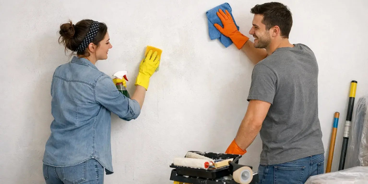 Pareja limpiado paredes blancas para empezar a pintar su departamento