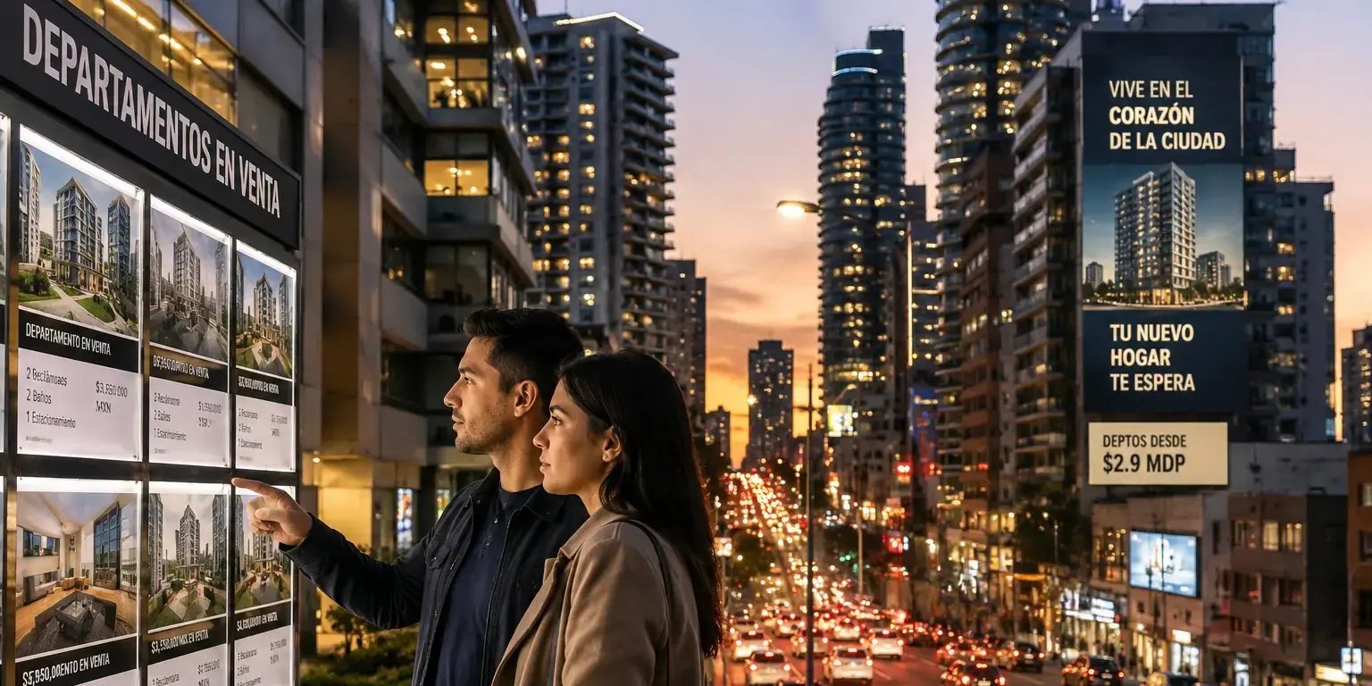 Pareja observando anuncios de casas y departamentos en una ciudad densamente urbanizada, mientras recorren una avenida llena de edificios modernos y publicidad inmobiliaria.