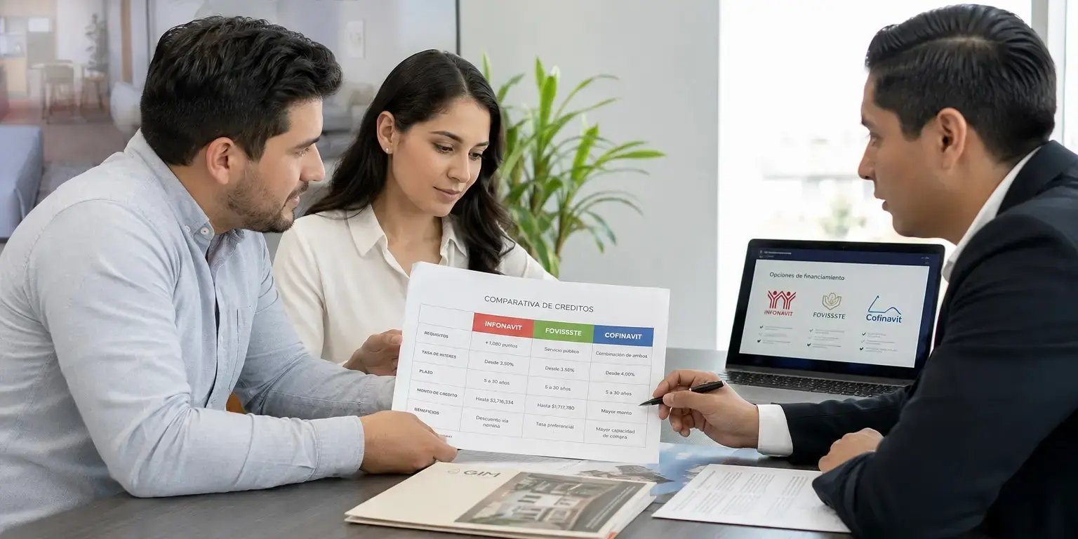 Pareja reunida con un asesor inmobiliario en una oficina moderna, comparando opciones de financiamiento como Infonavit, FOVISSSTE y Cofinavit. Están revisando documentos, tablas comparativas