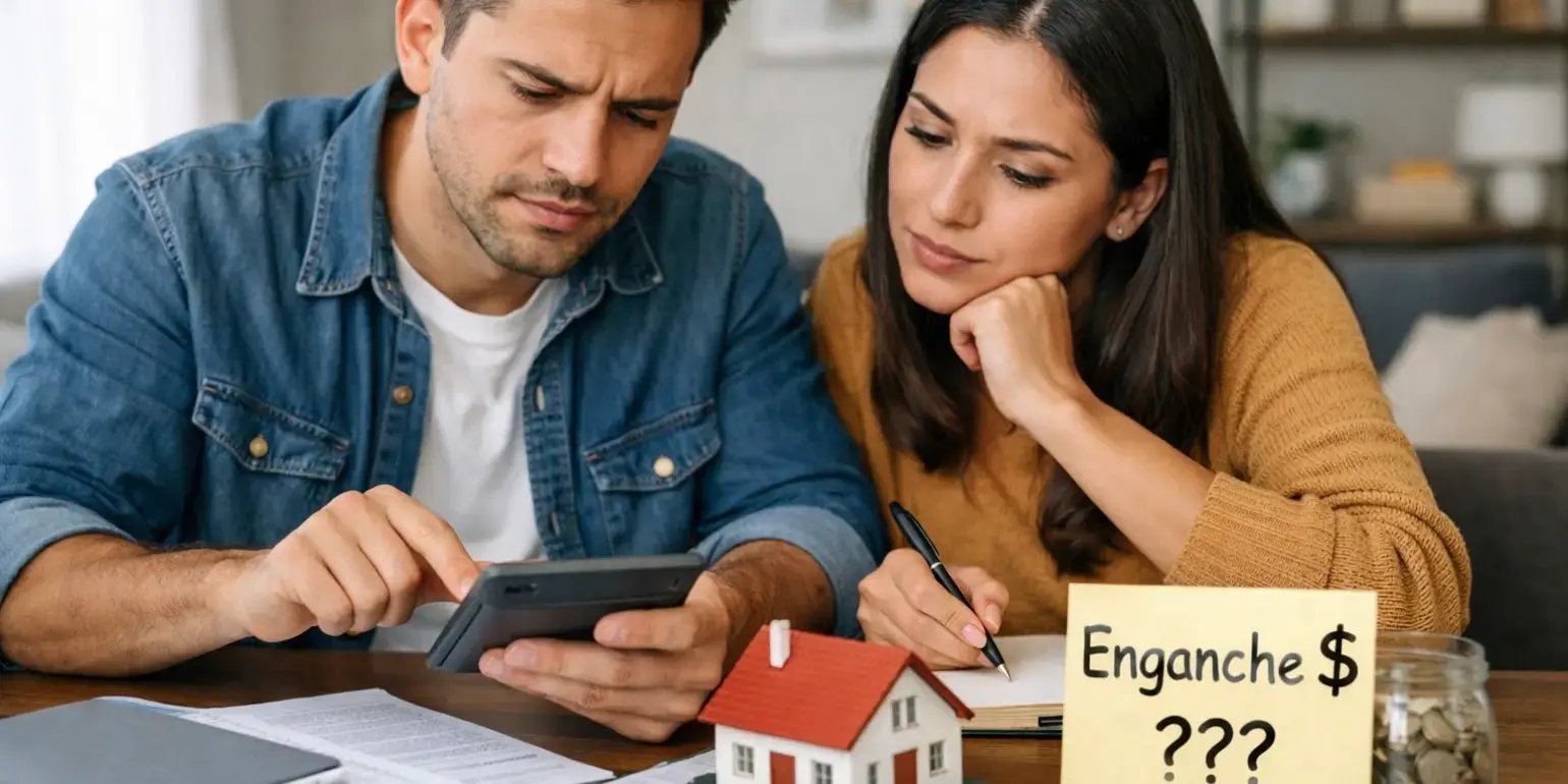 Pareja revisando cuanto tiene que dar de enganche para comprar casa