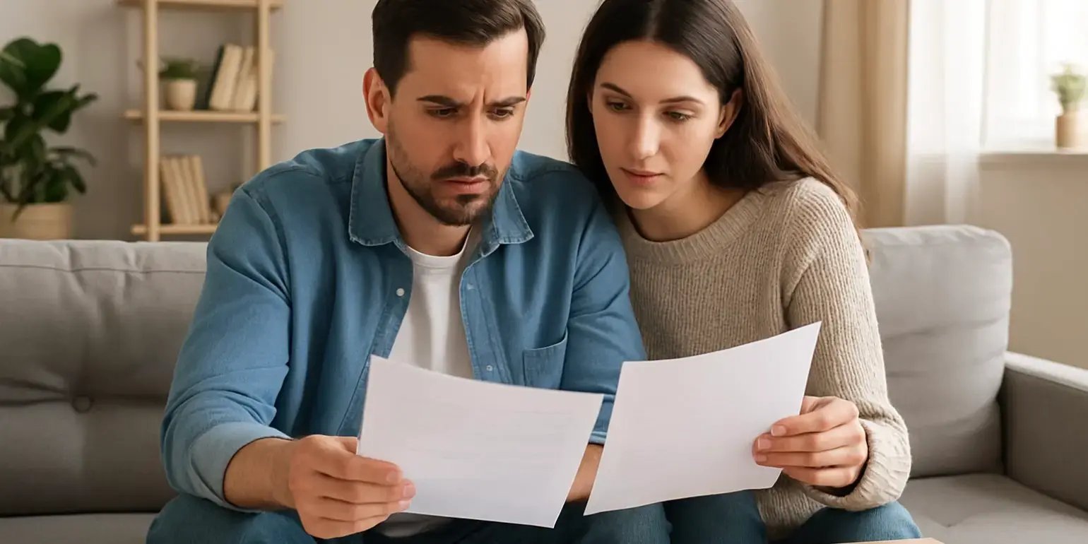 Pareja revisando documentos en la  mesita de la sala de la casa