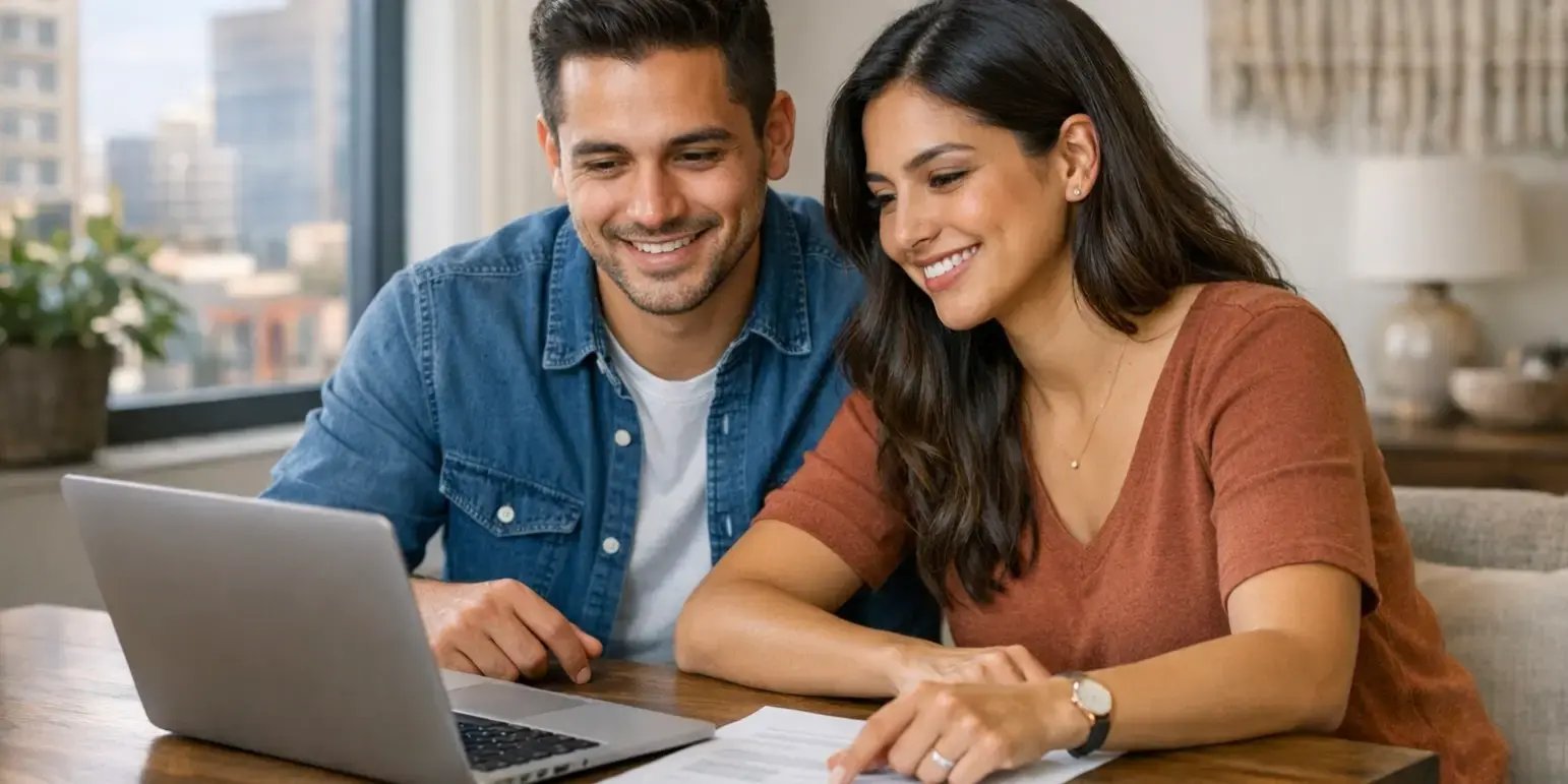 Pareja revisando documentos financieros para comprar una casa o departamento