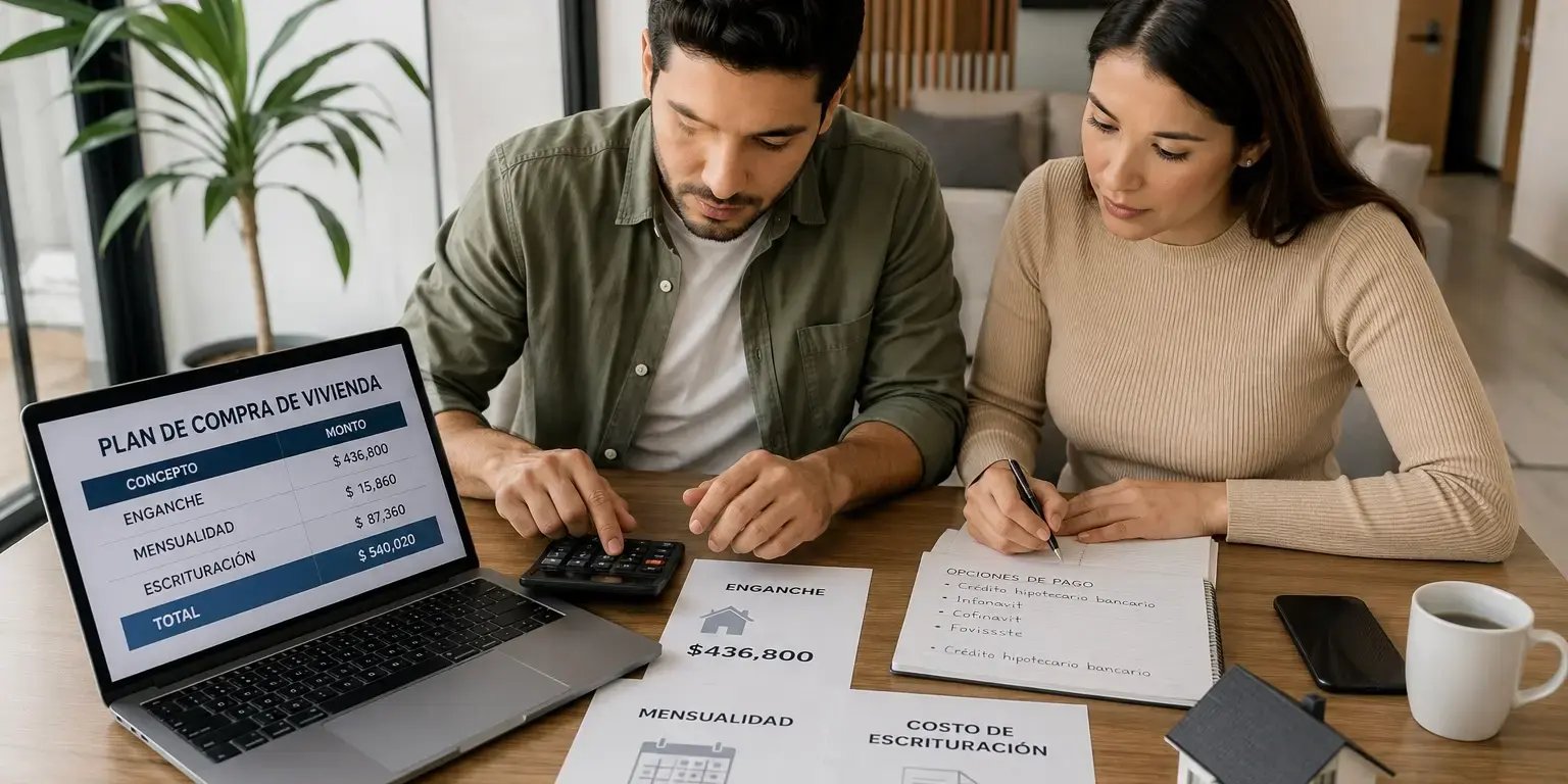 Pareja revisando el enganche, la mensualidad y el costo de escrituración para comprar una vivienda, sentados en una mesa con documentos financieros, calculadora y laptop