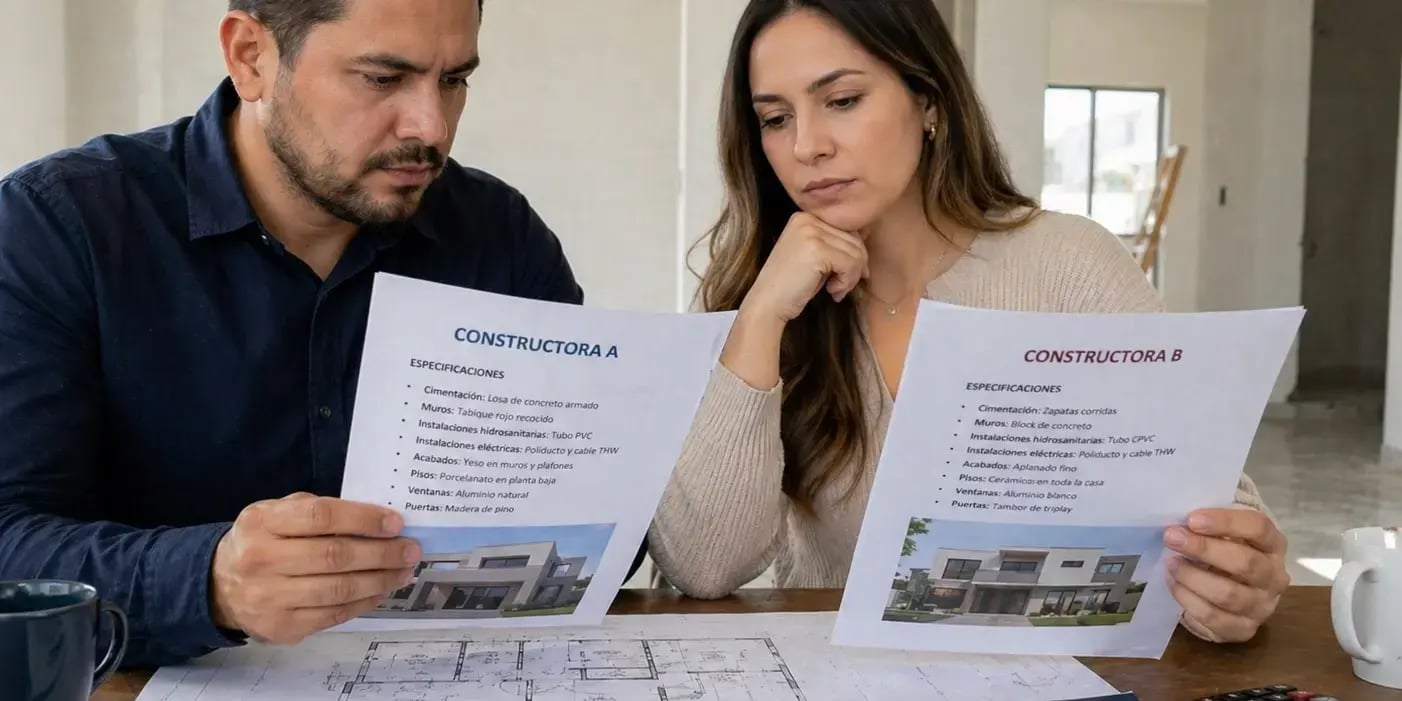 Pareja revisando los documentos de 2 constructoras para comprar casa
