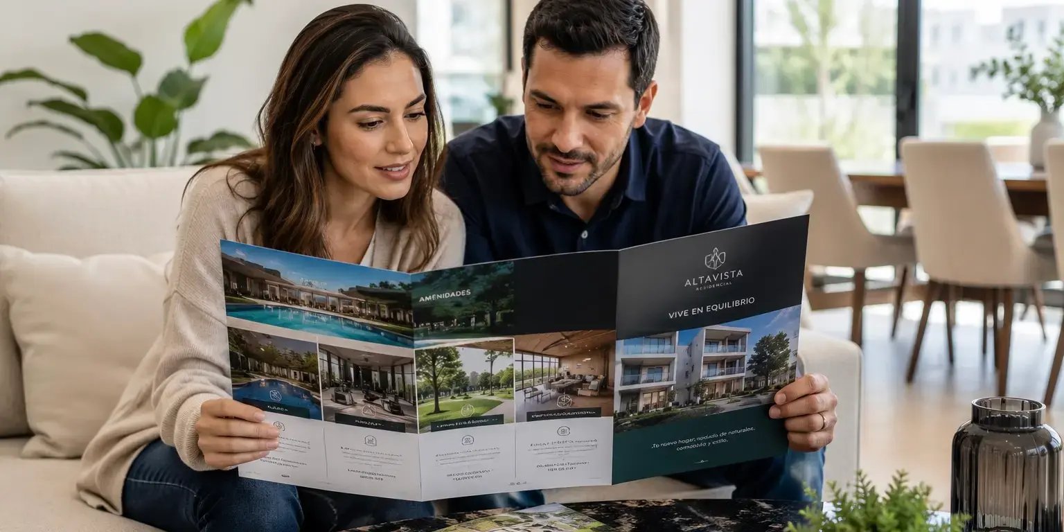 Pareja revisando un brochure de un desarrollo residencial, observando imágenes y detalles de las amenidades como alberca, gimnasio, áreas verdes y espacios comunes