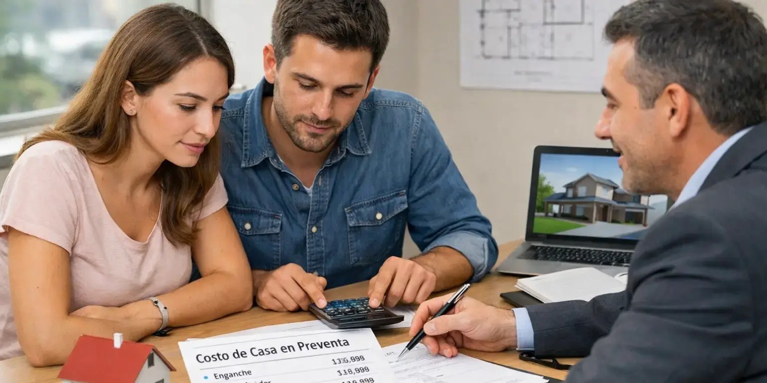 Pareja sacando cuentas con el asesor inmobiliario de cuanto va a pagar por su casa en preventa