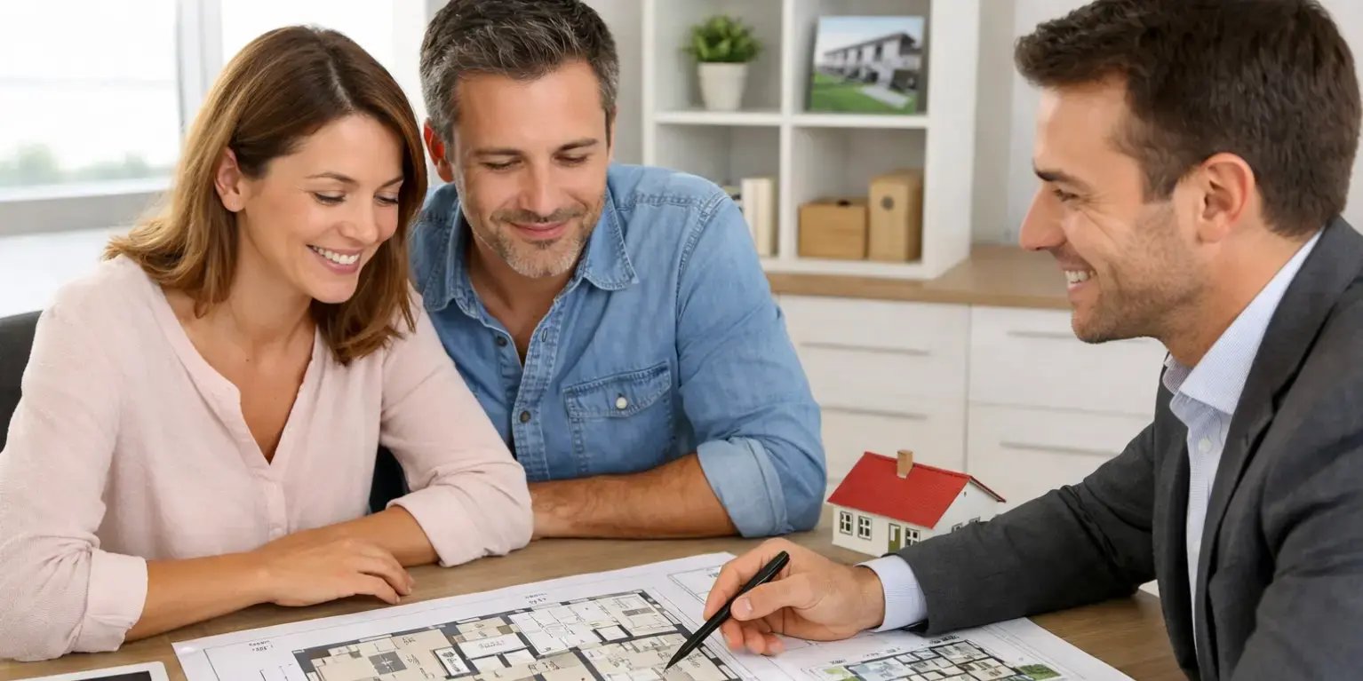 Pareja viendo con un asesor inmobiliario los planos de una casa