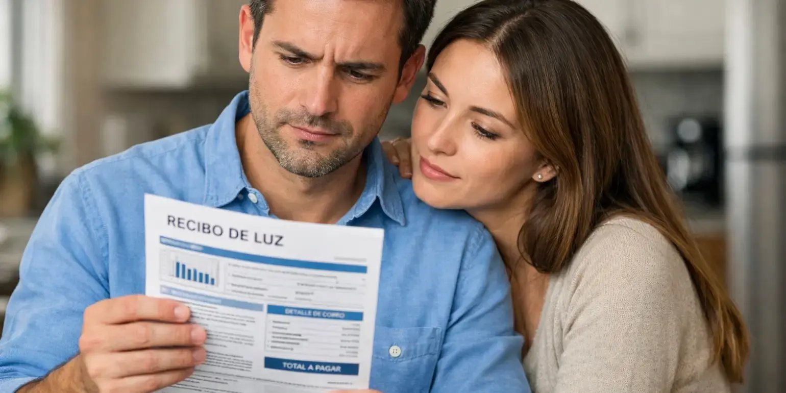 Pareja viendo el recibo de luz para reducir su consumo