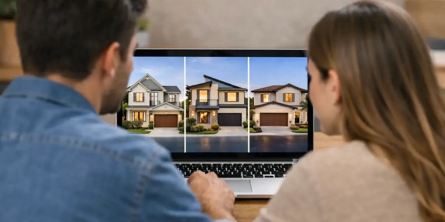 Pareja viendo en una computadora 3 opciones de casas de un desarrollo para comprar