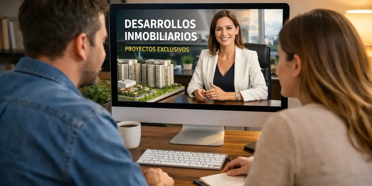 Pareja viendo en una computadora a una desarrolladora inmobiliaria