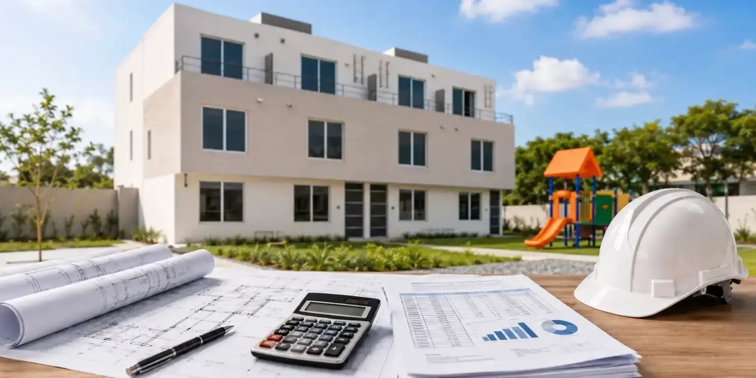 Planos arquitectónicos, cotizaciones impresas, calculadora y casco de obra sobre una mesa, frente a un conjunto habitacional moderno con jardín y área de juegos bajo cielo despejado.