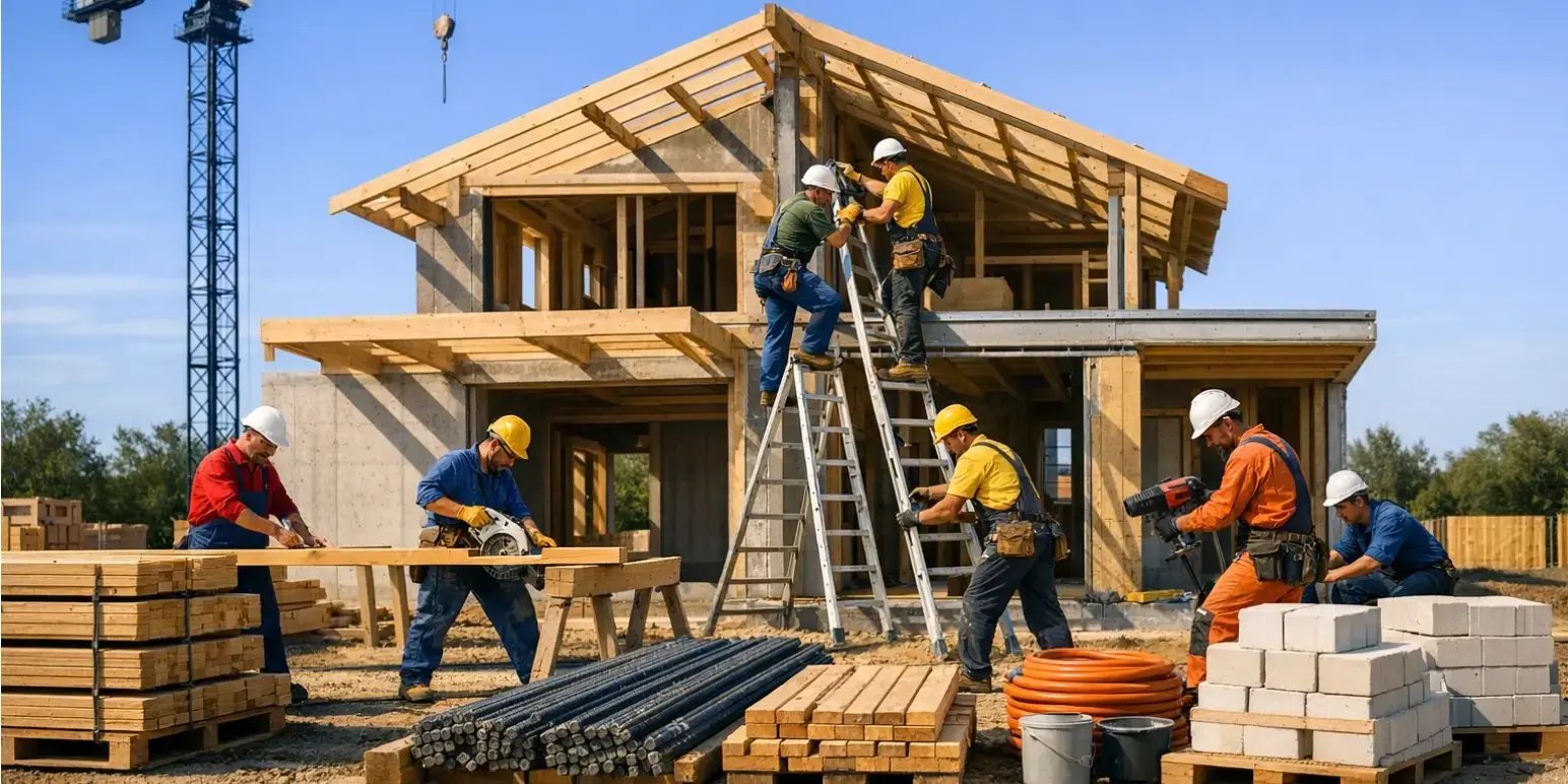 Problemas comunes en la construcción de viviendas urbanas. obra de casa en proceso con trabajadores y materiales