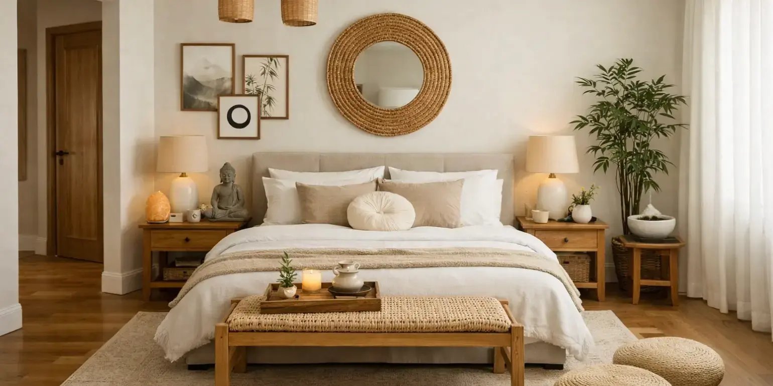 Recmara con decoracin feng shui con colores neutros y los pies de la cama no dan direccion a la puerta