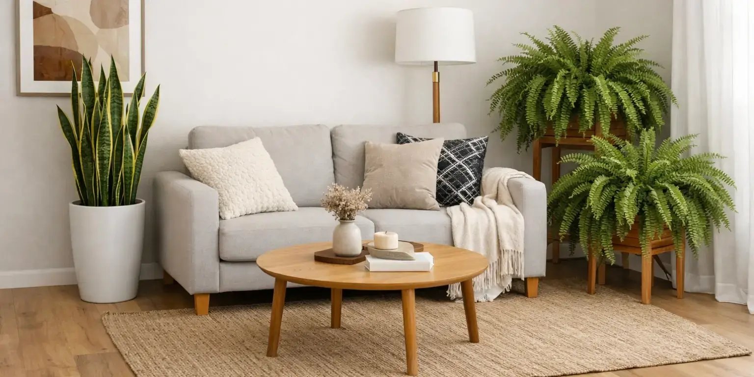 Sala con una maceta de lengua de suegra en una esquina y en otra helechos de boston