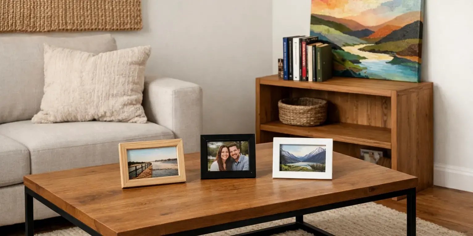 Sala con una mesa de centro con 3 fotos pequeas y en una esquina un librero pequeo con 5 libros y una obra de arte