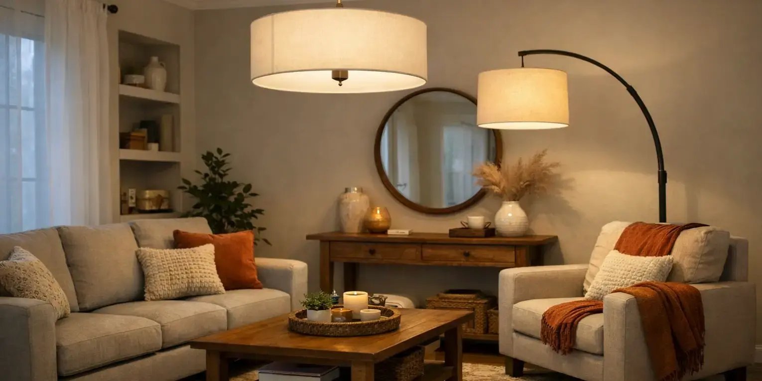 Sala de una casa con una lampara central y una lampara de pie