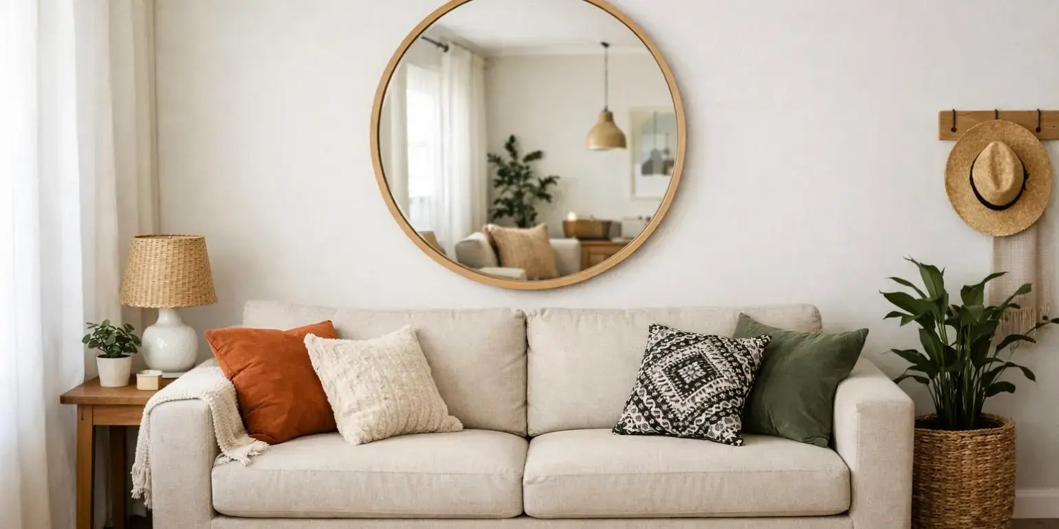 Sala de una casa pequea con un espejo redondo en una pared arriba del sillon