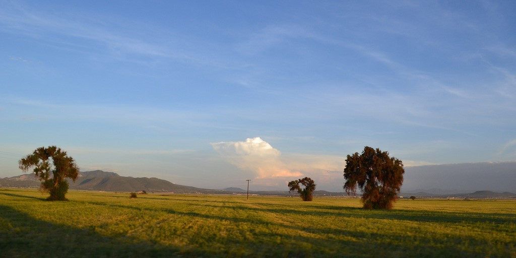 Valle de Tizayuca, Hidalgo. Montes, árboles, y nubes al horizonte.