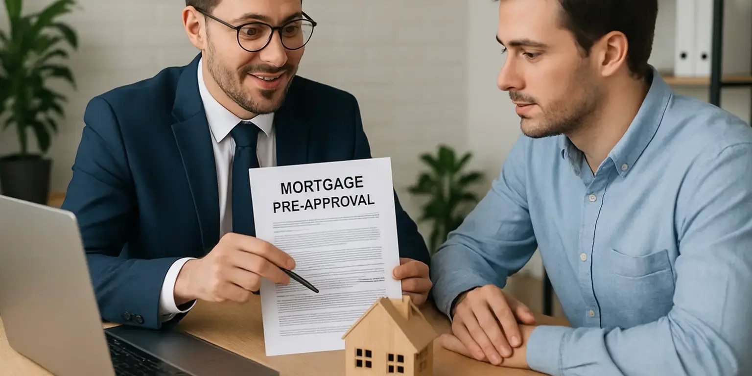 Un broker hipotecario en su oficina explicandole al comprador los documentos de una preaprobacion hipotecaria en la mesa tambin se ve una casa de madera