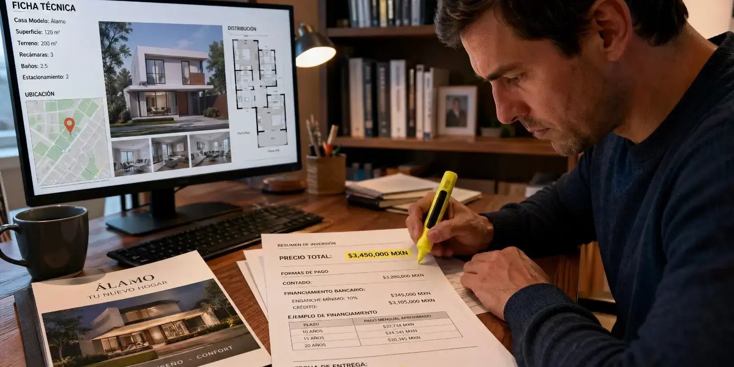 Un hombre revisa cuidadosamente la información de una vivienda en su computadora o en documentos impresos. Analiza la descripción exacta del inmueble, incluyendo características como ubicación, dimensiones, distribución y amenida