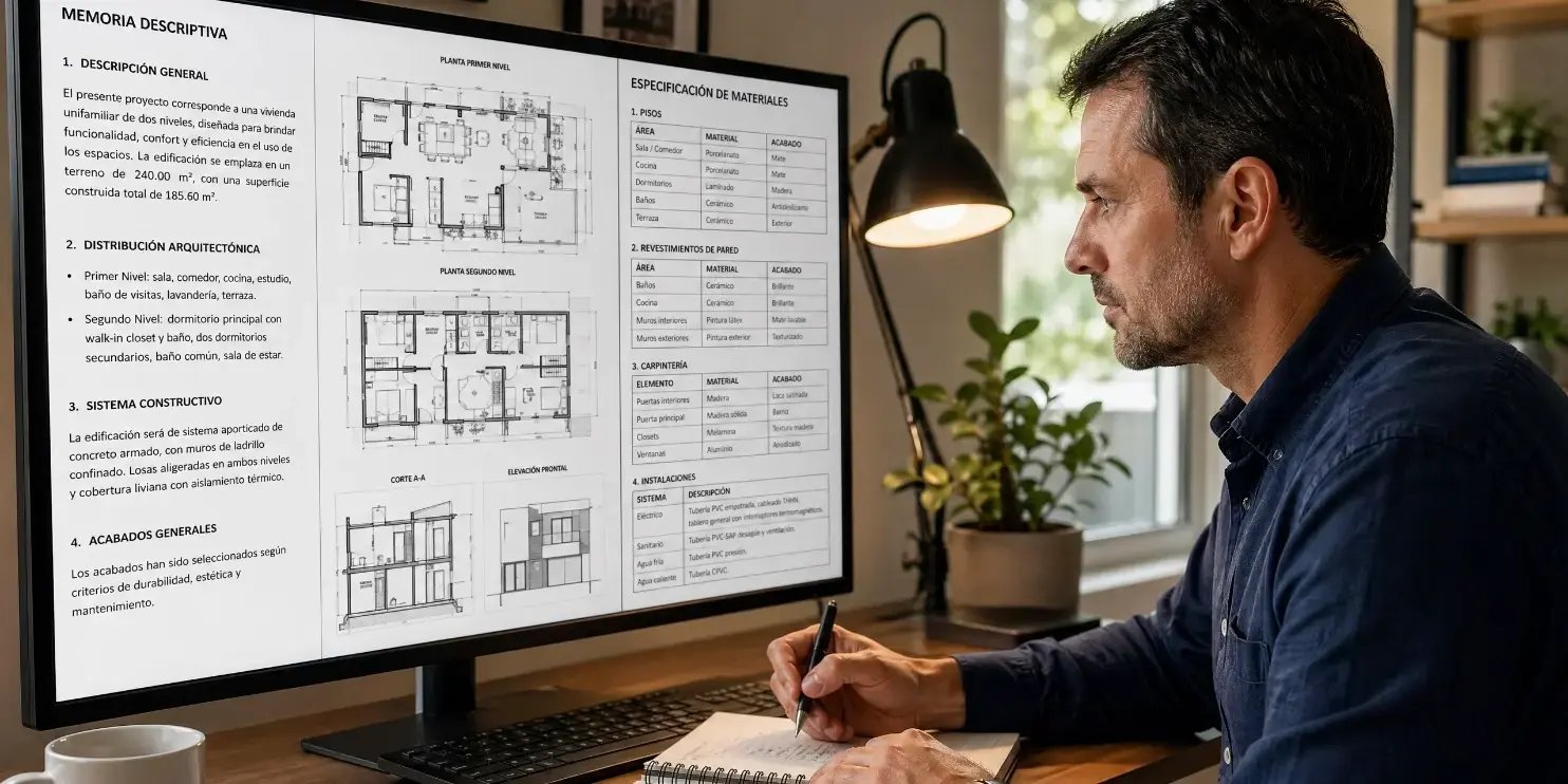 Un hombre revisa detenidamente en su computadora la memoria descriptiva o técnica de un proyecto de vivienda. En la pantalla se observan documentos con planos, descripciones de la construcción y detalles técnicos