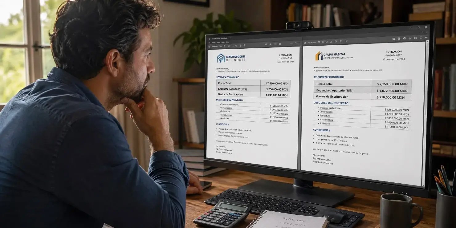 Un hombre se encuentra solicitando información a dos constructoras diferentes, ya sea por correo electrónico, formulario en línea o en una reunión. Pide a cada empresa un desglose claro y detallado