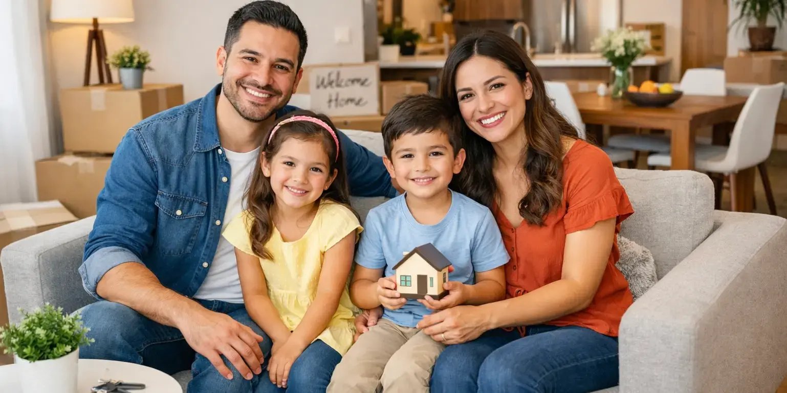 Una familia feliz en la sala comedor de su nueva casa