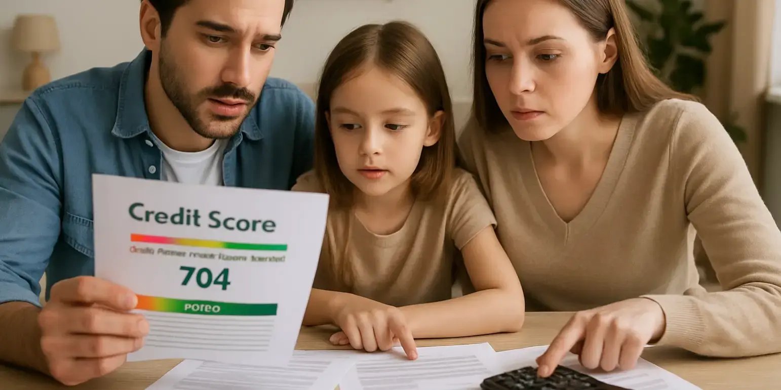 Una familia joven revisando su historial crediticio sobre una mesa con papeles y una calculadora