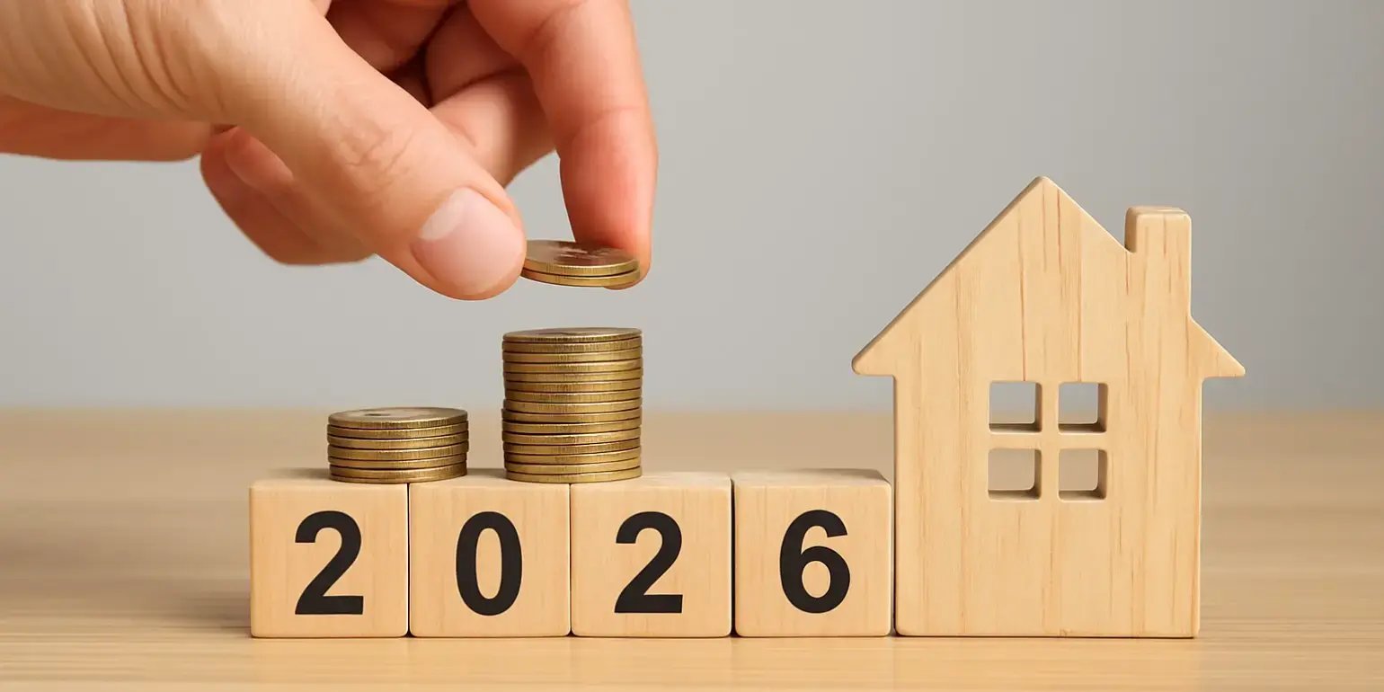 Una mano poniendo unas monedas sobre unos cuadros de madera que dicen 2026 y a lado una casa de madera