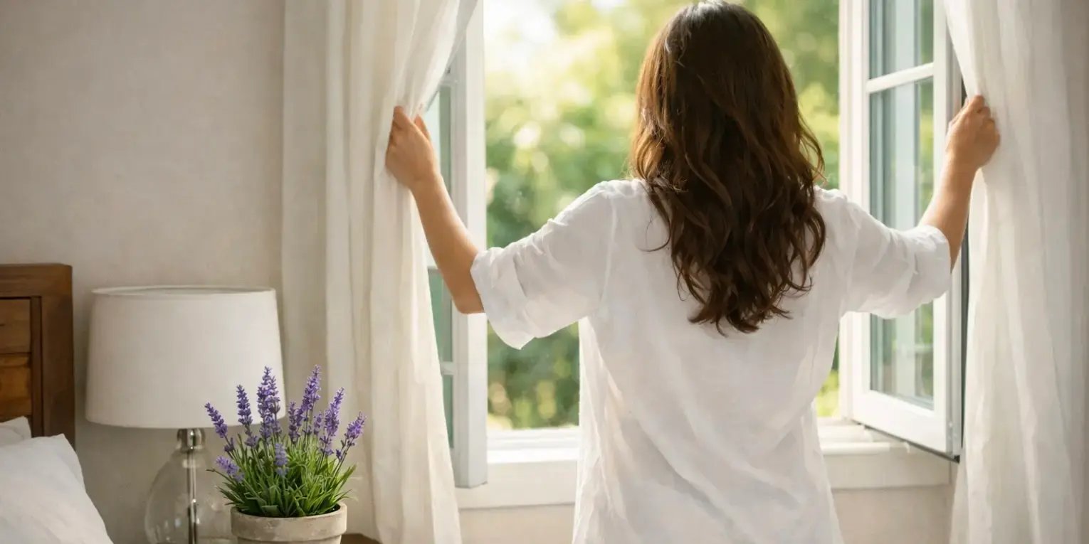 Una mujer abriendo la ventana de su habitacion y en el buro hay una pequeña macera con flor de lavanda