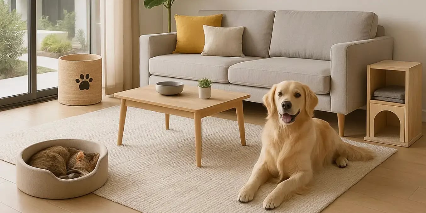Una sala moderna y luminosa con un perro echado en el tapete y un gato dormido en su cama