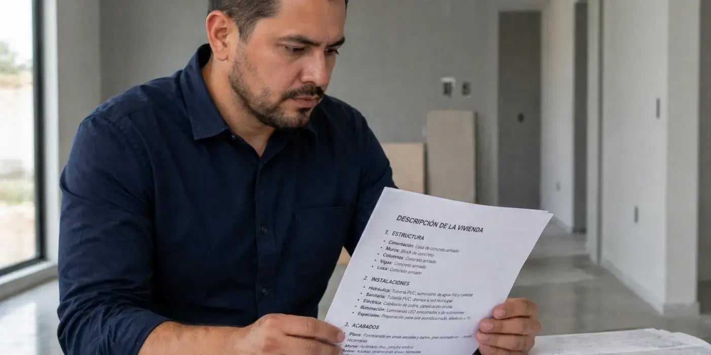 Hombre viendo documentos con Descripción de estructura, instalaciones y acabados de la casa
