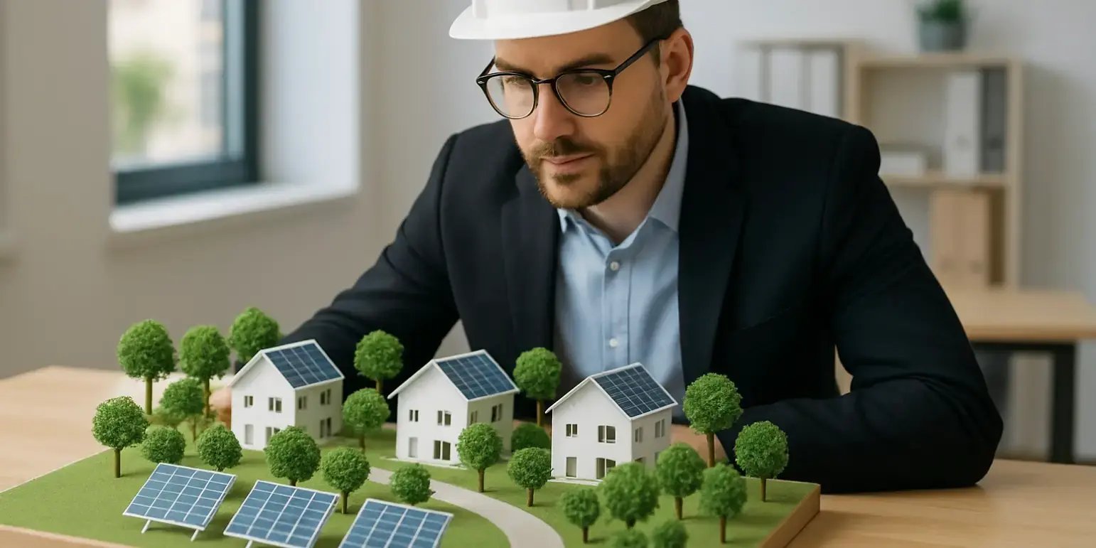 arquitecto viendo una maqueta de un desarrollo que es sostenible se pueden ver los arbolitos y paneles solares la maqueta se encuentra sobre un escritorio