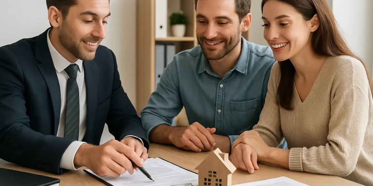 asesor hipotecario explicandole a una pareja como comprar casa estn en un escritorio con documentos