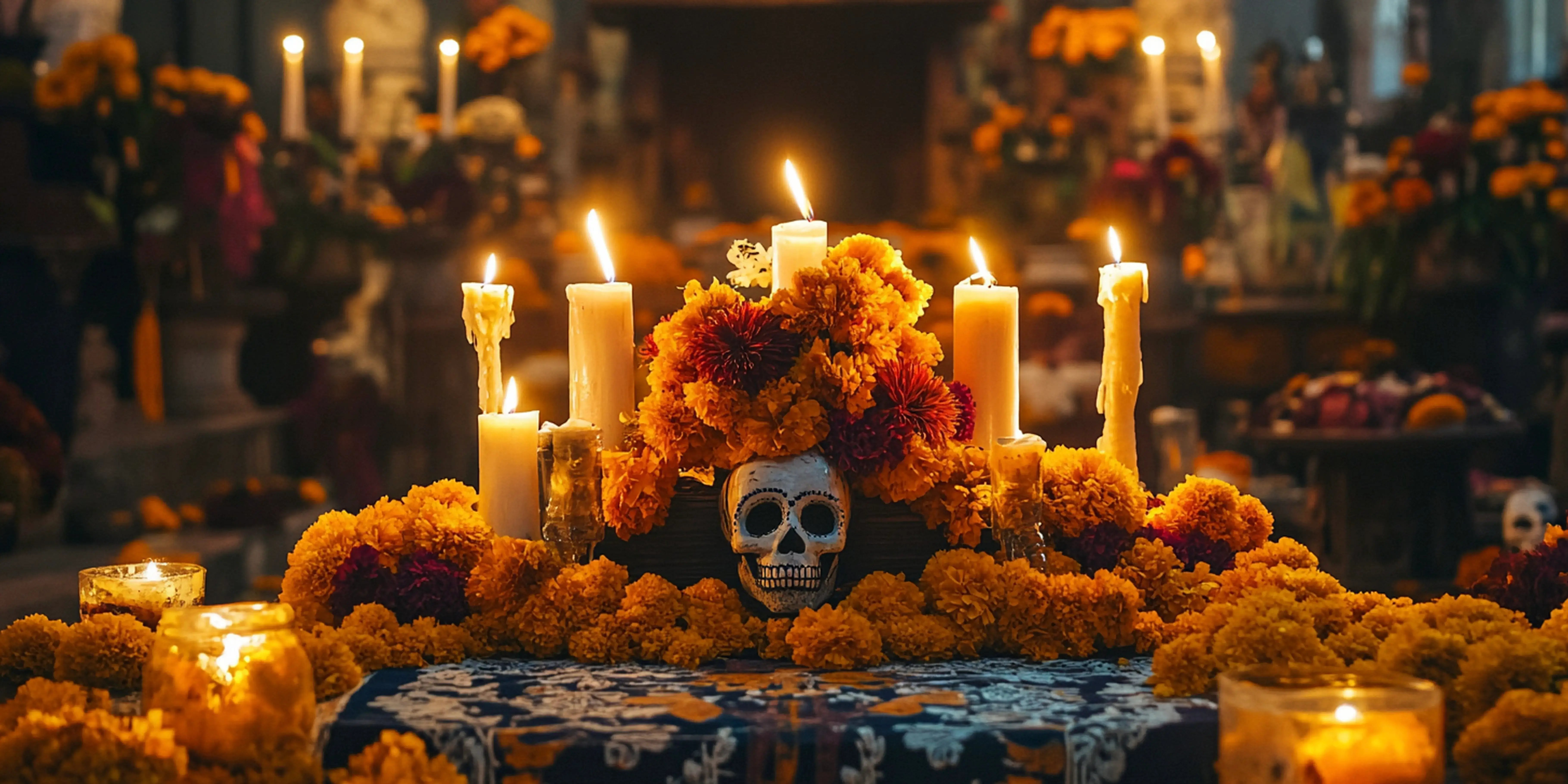 Velas y flores de cempasúchil. Altar día de muertos