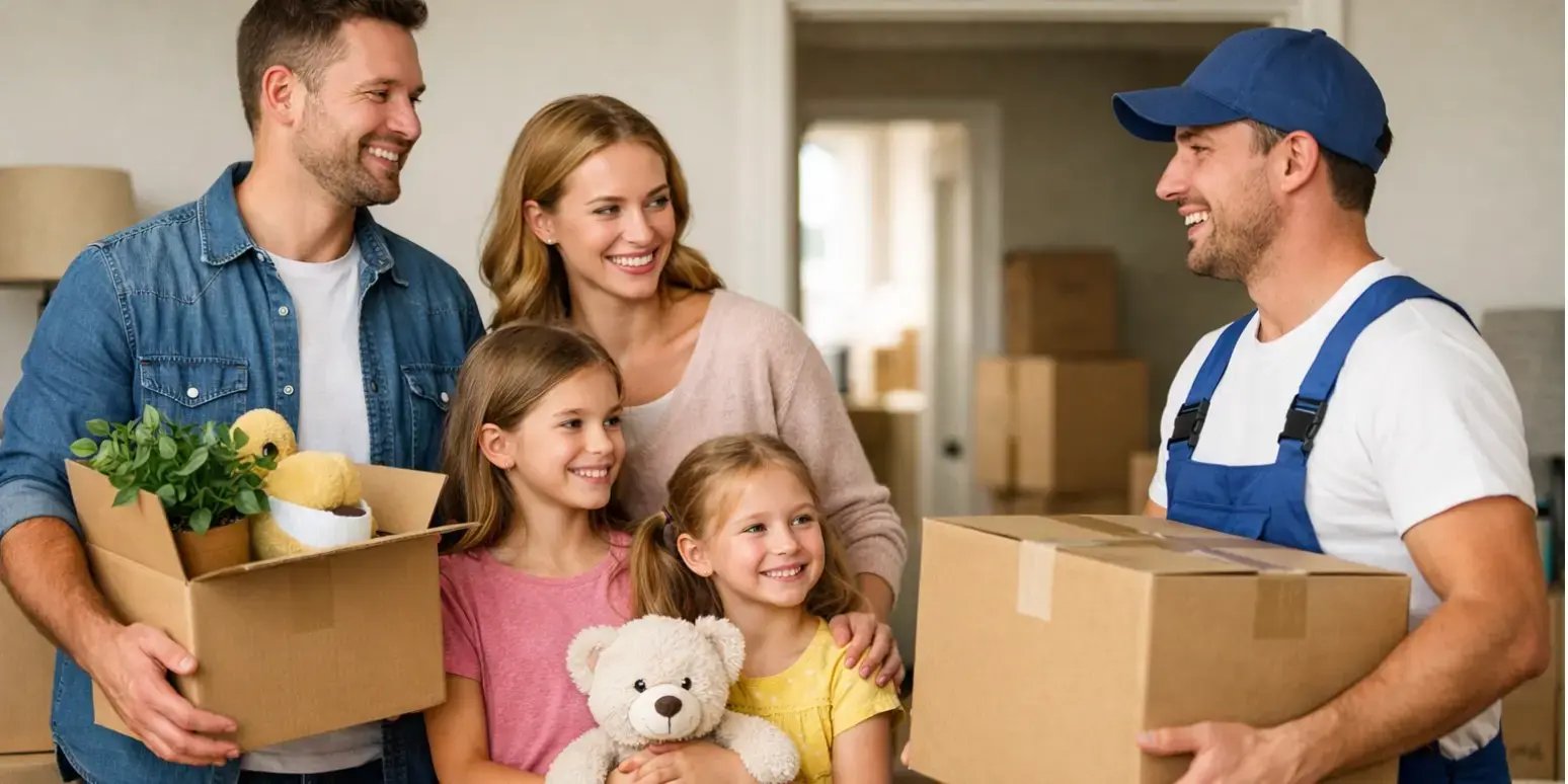 familia con cajas y el hombre de la mudanza