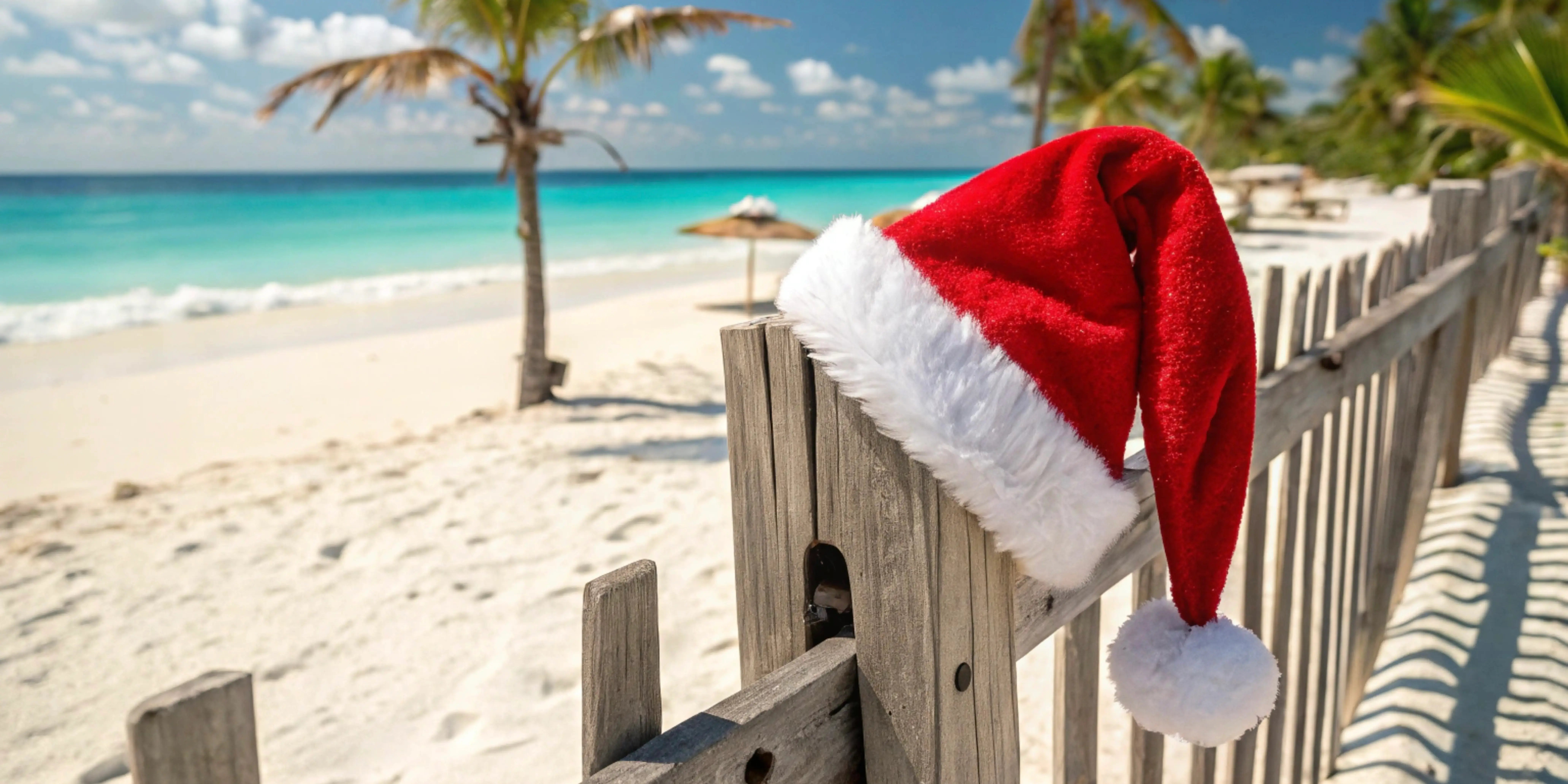 Barandal con gorro de santa claus y mar al fondo.Navidad en Quintana Roo