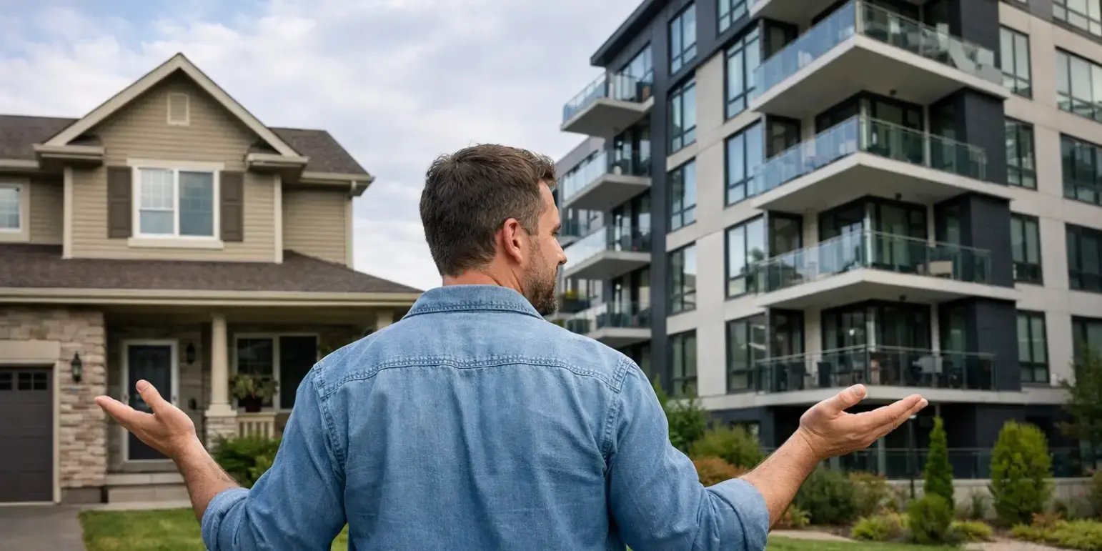 Hombre comparando una casa residencial con un departamento no ilustracion