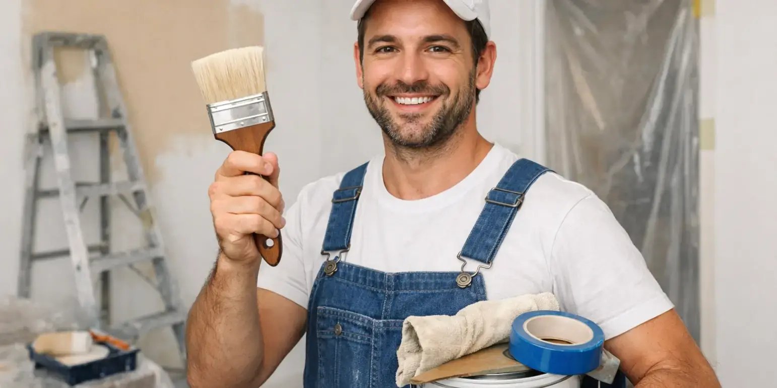 hombre con una brocha y que se est preparando para pintar las paredes de su casa