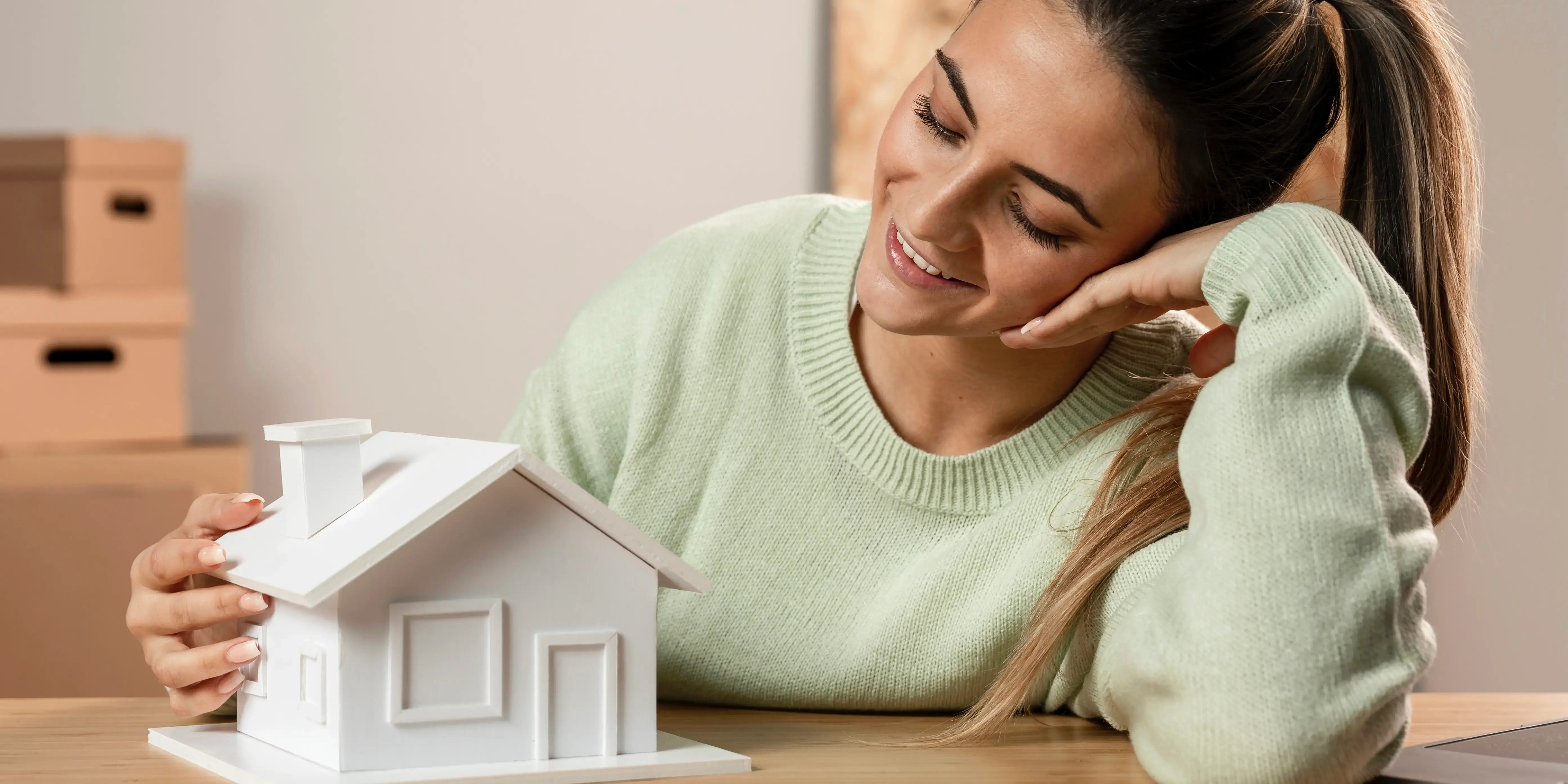 Mujer viendo una casa de juguete. 4 mejores consejos para comprar una casa