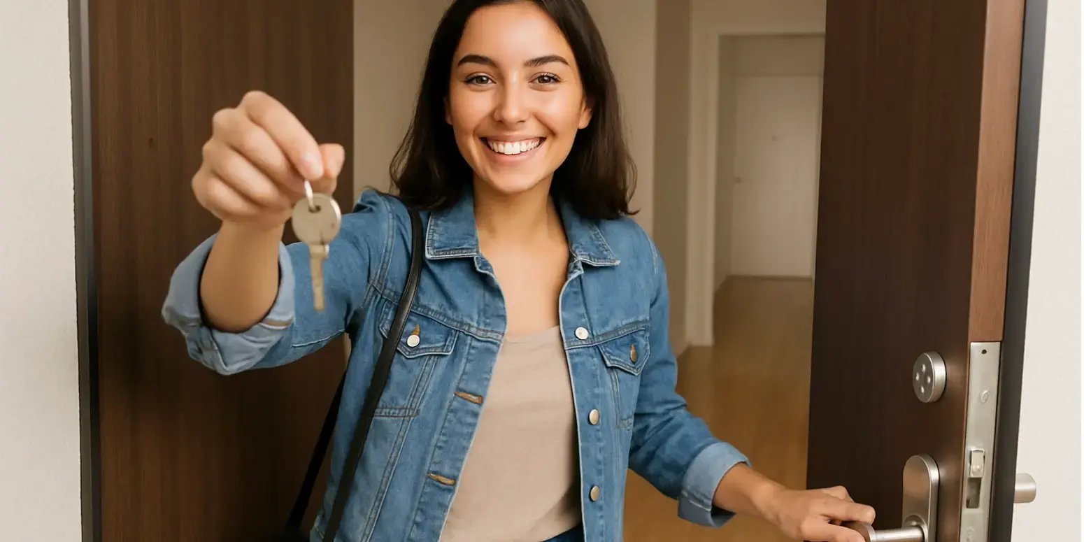 mujer de 25 aos abriendo la puerta del departamento que acaba de comprar