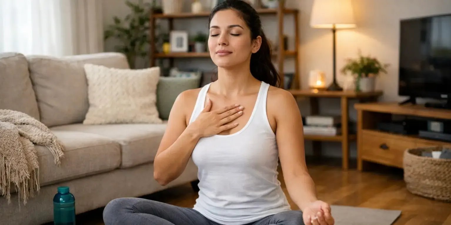 mujer haciendo ejercicio de respiracion en la sala de su casa