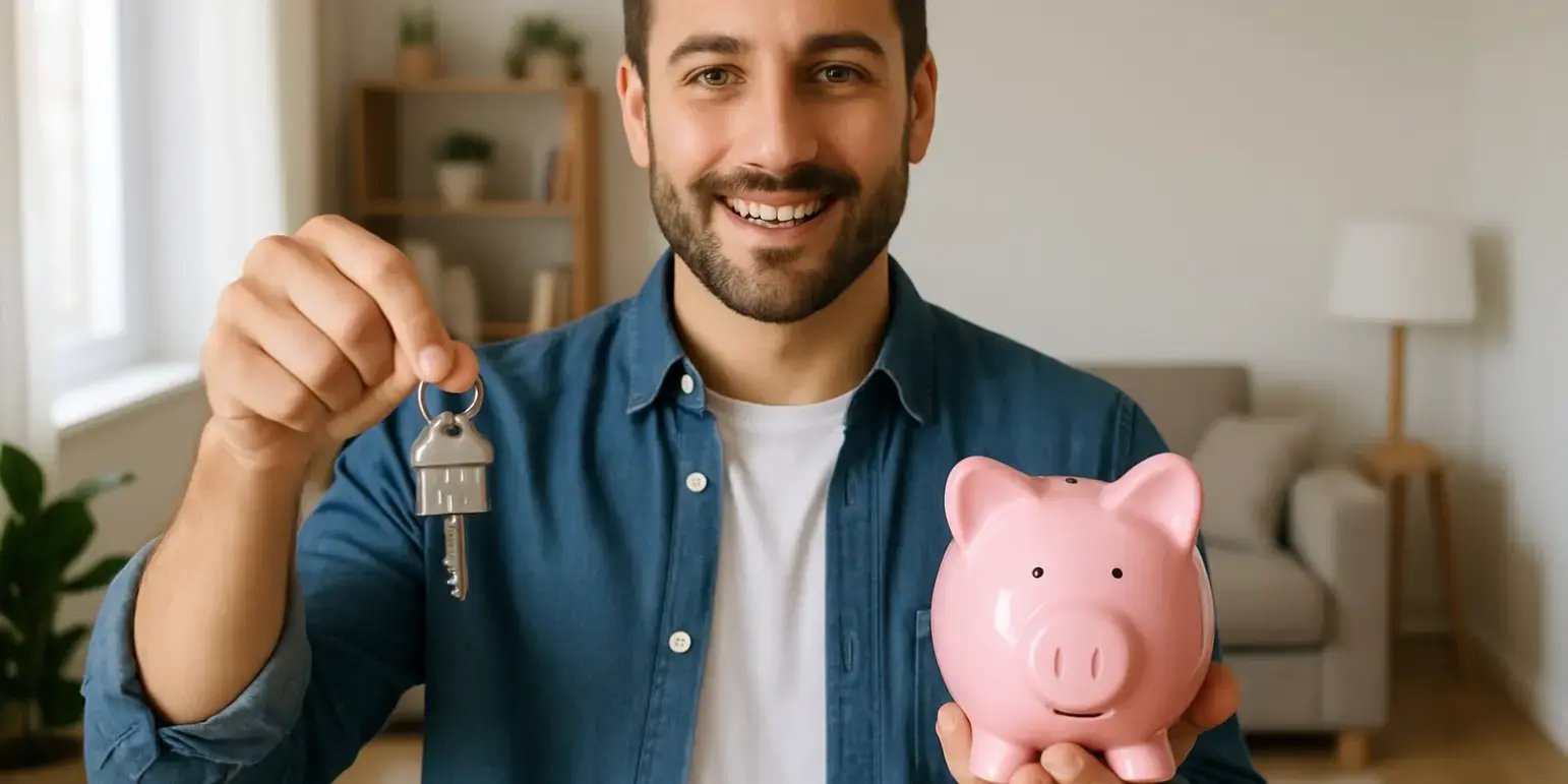 persona en una casa sosteniendo con una mano las llaves de su casa y en otra una alcanca de marrano