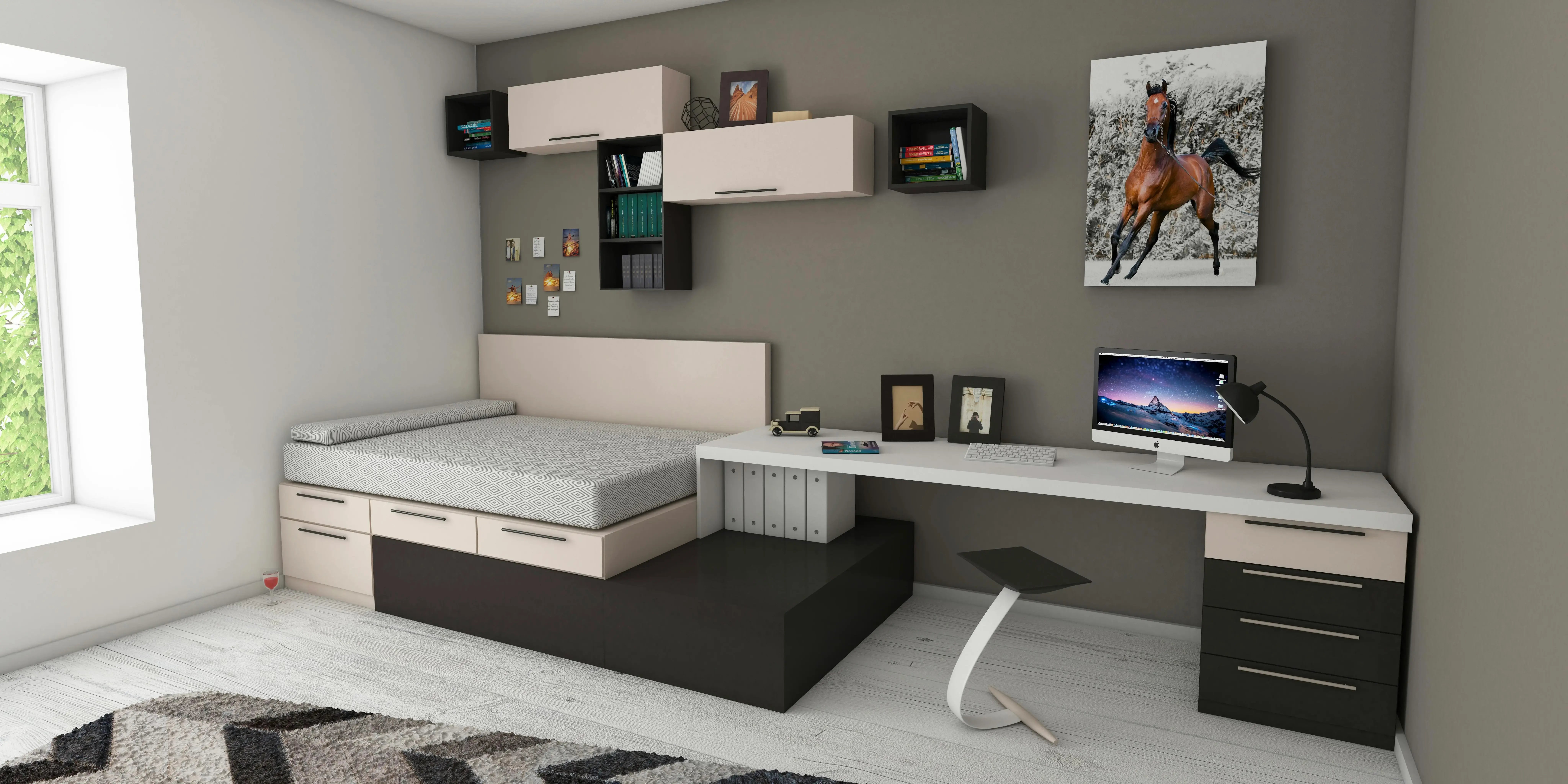 Cama  con escritorio. Muebles multifuncionales